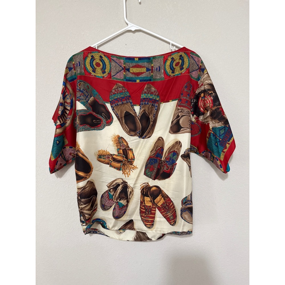 Ralph Lauren Silk Scarf Blouse Top XS Beige Moccasins Native American Luxury - Picture 3 of 11